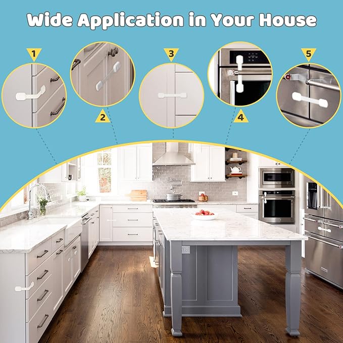 4our Kiddies Child Safety Cabinet Locks for Babies (2 Pack) Child Proof Latches for Cabinets and Drawers Doors, Baby Proofing Cabinet Strap Locks for Cupboards, Fridge, Toilet and Closet