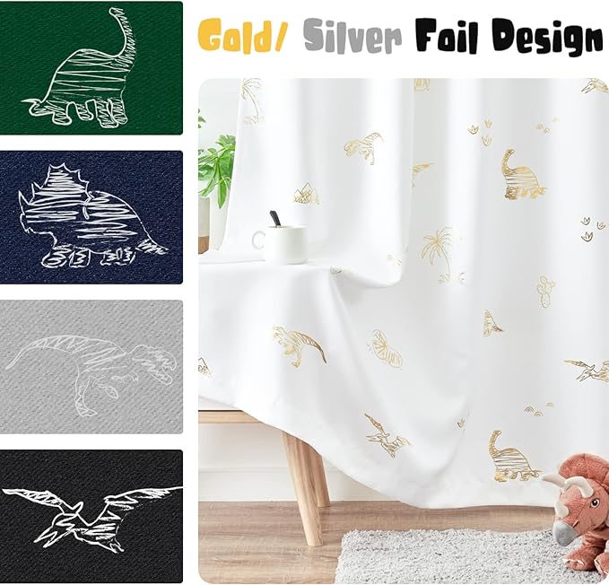 Vangao Kids Curtains White Drapes Dinosaur Curtains for Boys Kids Nursery Girls Room Golden Dino Foil Print Light Filtering Grommet Top Window Drapes 84 Inches Length 2 Panels