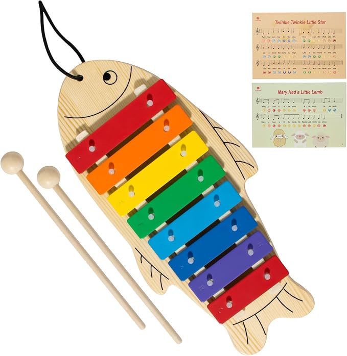 MUSICUBE Xylophone for Baby Toddler Fish Shape Wooden Xylophone with 2 Mallets Educational & Preschool Learning Percussion Instrument Professional Tuning Musical Toys for Kids Aged 3+