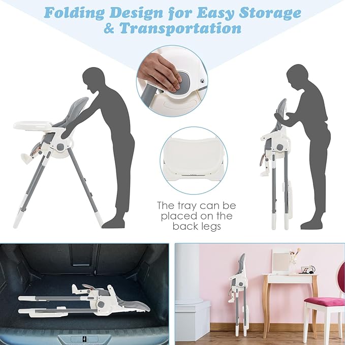 INFANS High Chair for Babies & Toddlers, Foldable Highchair with Multiple Adjustable Backrest Footrest Seat Height, Removable Tray, Detachable PU Leather Cushion, Built-in Rear Wheels (Light Grey)