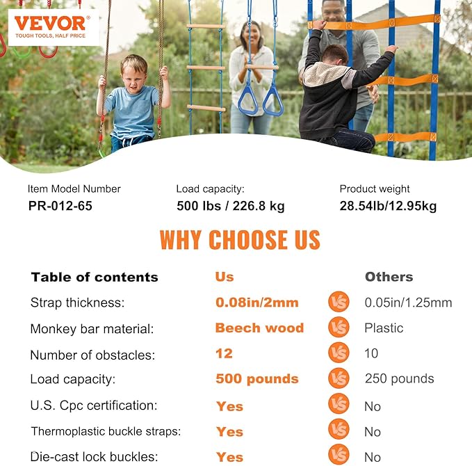 VEVOR Ninja Warrior Obstacle Course for Kids, 2 x 65 ft Weatherproof Slacklines, 500lbs Weight Capacity Monkey Line, Outdoor Playset Equipment, Backyard Toys Training Equipment Set with 12 Obstacles