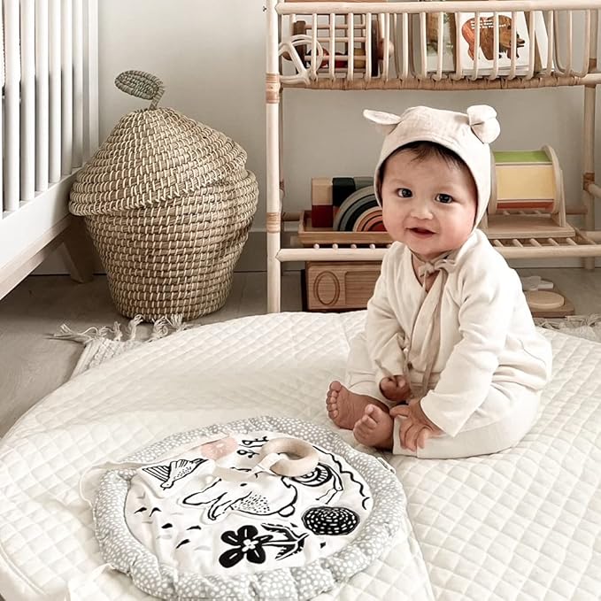 Wee Gallery Meadow Activity Pad Organic Baby Play Mat with Sensory Toys, High Contrast Newborn Essentials Soft Tummy Time Mat for Babies 0-12 Months, Visual and Motor Skill Development Toy