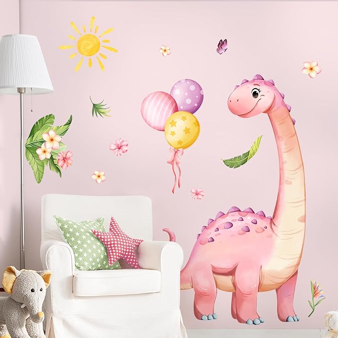 Large Pink Dinosaur Wall Decals Cartoon Dino Balloon Flower Wall Stickers Peel and Stick Wall Art Decor for Girls Baby Nursery Kids Bedroom Playroom Classroom Toddlers Wall Decor