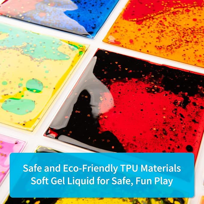 Art3d 6”x6” Square Sensory Fidget Liquid Motion Tiles for Kids, Toddler, Teens - Interactive Soft Gel Liquid Play Mats for Home, Schools, Playrooms, Multi-Pack of 6 Tiles