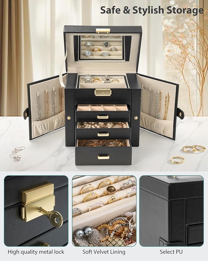 AKOZLIN 4-Tier Jewelry Box Leather Jewelry Storage Organizer with 3 Drawers Lockable for Women Girls Ring Necklace Earring Bracelet Holder with Mirror Black