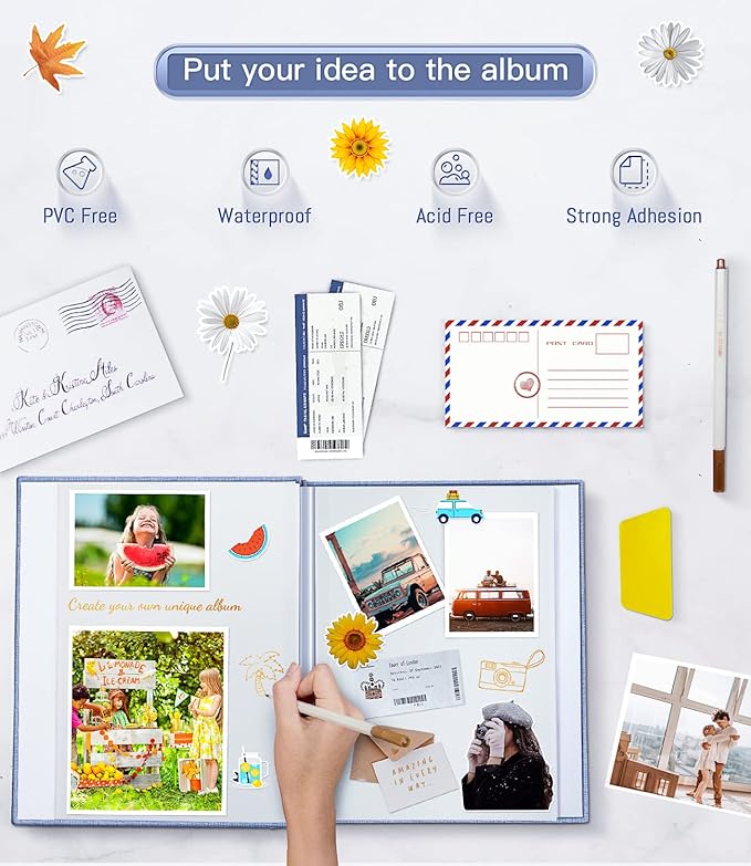 popotop Photo Album Self Adhesive with Picture Display Window,40 Pages DIY Scrapbooking Supplies Kit for 4x6 10x12 Picture,Linen Cover Memory Book for Baby Wedding, with Scraper and Metallic Pen