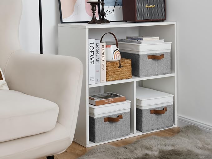 StorageWorks Large Storage Bins with Lids, Decorative Storage Boxes with Lid and PU Handles, Foldable Storage Baskets for Closet, Shelves, Stackable, Gray and White, 3-Pack