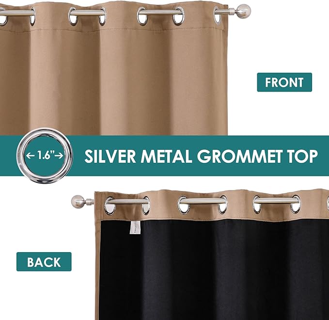 ChrisDowa 100% Blackout Curtains for Bedroom with Black Liner, 2 Thick Layers Total Blackout Thermal Insulated Grommet Window Curtains 2 Panels Set (Cappuccino, 52 x 54 Inch)