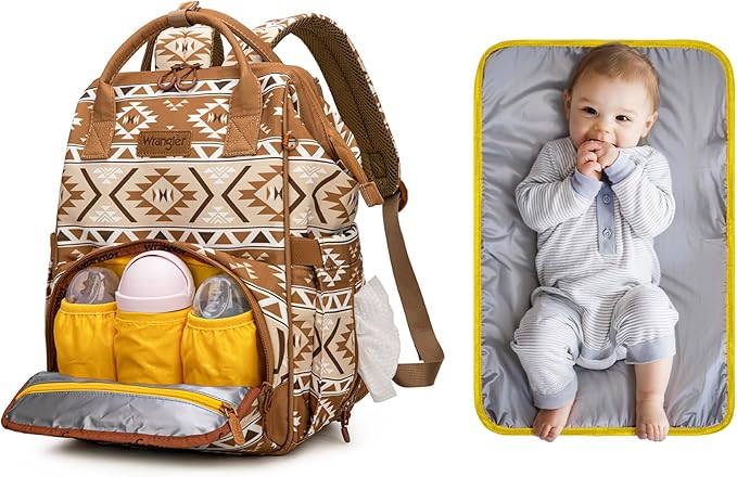 Wrangler Aztec Backpack Multifunction Baby Travel Bag with Changing Pad, Stroller Straps and Pacifier Case WG2204-91103TN