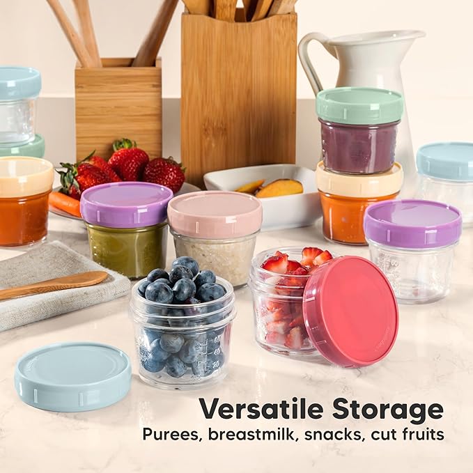 KeaBabies 4pk 8oz Glass Baby Food Containers with Lids - Leak-Proof, Microwavable Small Glass Jars, Baby Purees & Toddler Snack Storage Containers, BPA-Free, Dishwasher & Freezer Safe (Sage)
