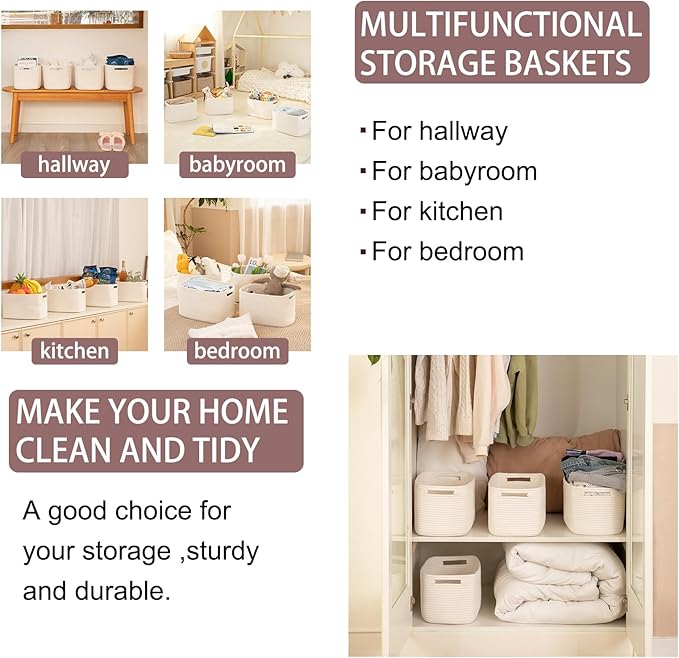 OIAHOMY 4 Pack Storage Baskets for Organizing, Cube Storage Bins for Shelves, Rectangle Storage Baskets With Handles, Woven Baskets for Storage, 12.7''Lx9''Wx7.8''H, White