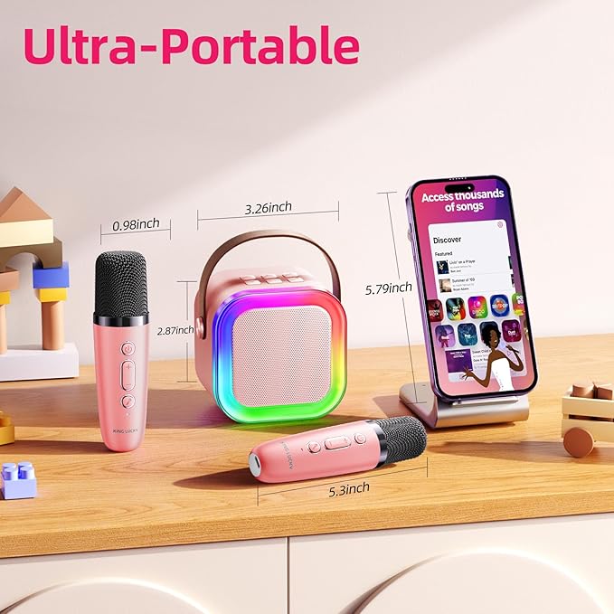 Kinglucky Mini Karaoke Machine for Kids, 2025 TOP Birthday Gifts Ideas for 3-12 Year Old Girls, Christmas Party Gifts Kids' Personal Video Players Accessories with Wireless Microphone - Pink