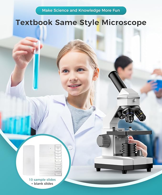 Professional Compound Microscopes for Adults, Kids 8-12 & Students | 2000X Magnification Lab & Home Microscope with Phone Adapter, Complete Slides Set (Gray White)