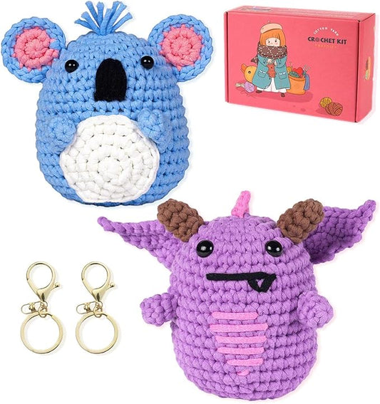 yhwsymgmho Crochet Kit for Beginners:2pcs Animals amigurumi Crochet Starter Kits with Step-by-Step Video Tutorials,Easy Knitting Set for Adults Kids,DIY Crocheting Doll Gift(Pterosaurs and Koalas)