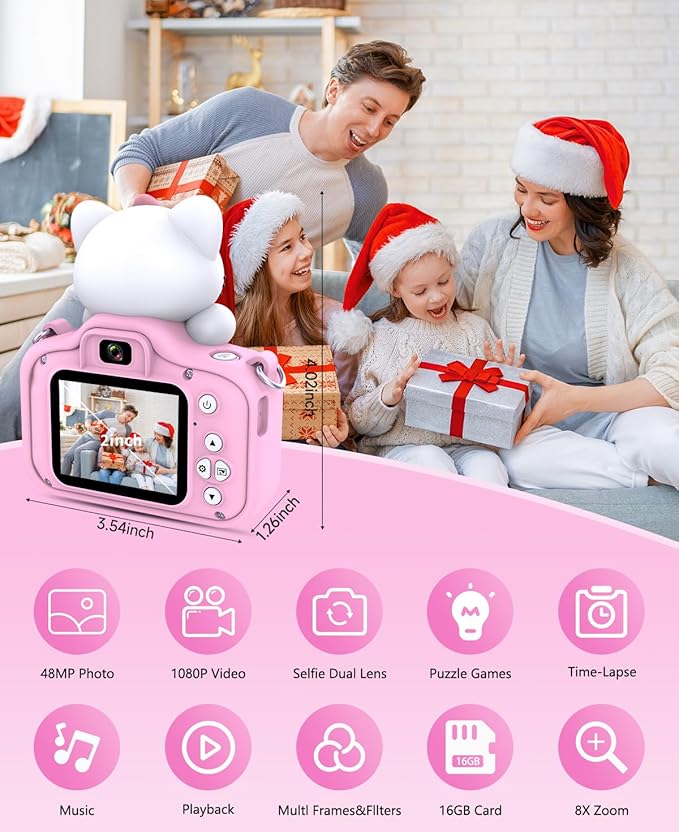 Video Kids Camcocrder, Kids Boys Digital Toddler Camera for 3 4 5 6 7 8 Years Old Birthday Gifts, 1080P Video Camera with Cute Protective Cover & 16GB TF Card, Pink