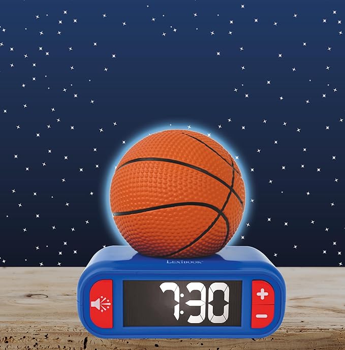LEXiBOOK - Basketball - Basketball Nightlight Alarm Clock, Sounds and Melodies, LCD Backlit Screen, Luminous, Snooze, Blue/Orange, RL800BA