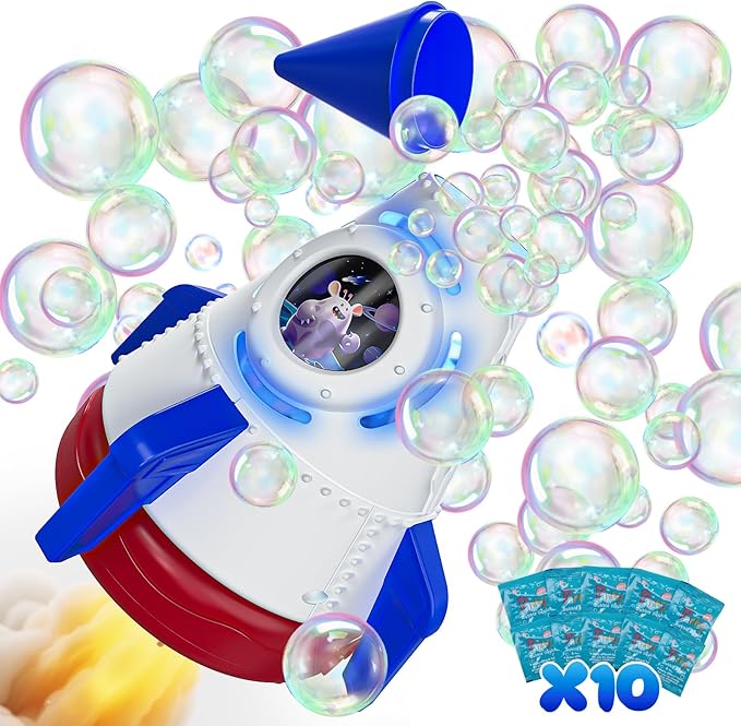 Rocket Bubble Machine for Kids with Lights, 360° Rotating Bubble Blower Toy with 10 Refill Solutions, Bubble Maker for Toddlers, Fun Outdoor Party Gift for Boys & Girls Blue
