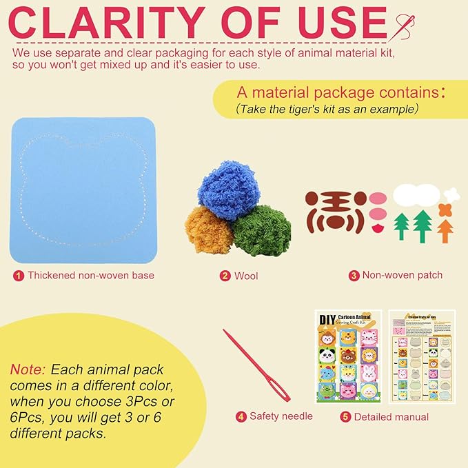 DIY Embroidery Doll Kit, Cartoon Animal Craft Sewing Kit for Kids, Felt Crafts, Beginner Sewing for Kids Ages 4-8 Plus - Helps Develop Fine Motor Skills (6PCS-Deer/Elephant/Bear/Duck/Pig/Panda)