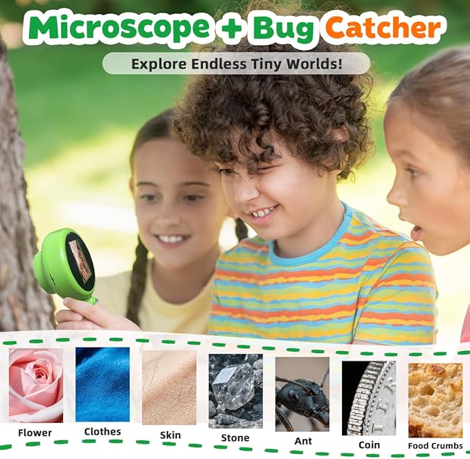 Kids Microscope with Bug Catcher Kit, 1080P Digital Mini Handheld Microscope STEM Science Toy with LED Light, Rechargeable, Portable, Supports 64GB TF Card, Educational Gift for Kids Ages 3-12 (Green)