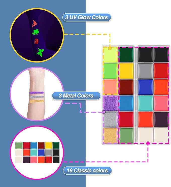 Face Painting Kit For Kids Party,22 Colors Face Paint Kit Includes Paint Tray,Sponges,Brushes and Stencils,Professional Face Painting Kit Non Toxic for Kids and Adults Halloween Makeup