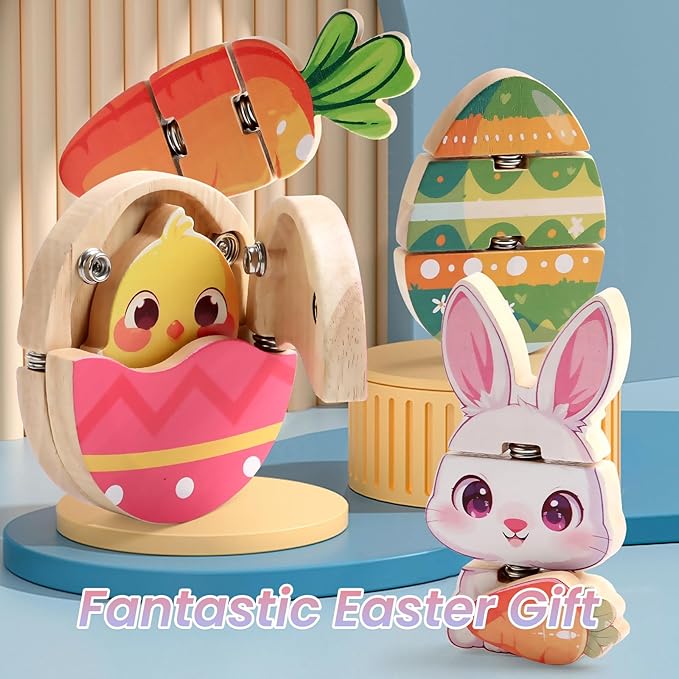 HUZU Easter Snap Builders, Easter Basket Stuffers Bunny, Carrot, Egg, Chick Wooden Puzzle Toy, Basket Essentials Take Apart & Mix Characters Kids Montessori STEM Fine Motor Skill