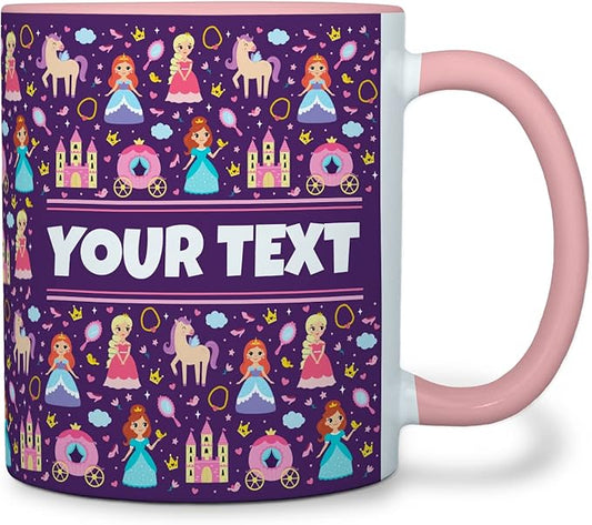 Personalized Mug for Kids - Princesses - Custom Name/Text, Ceramic Hot Chocolate/Cocoa/Coffee Cup for Girls, Birthday/Christmas/Holiday Gift - 11 oz, Pink Handle