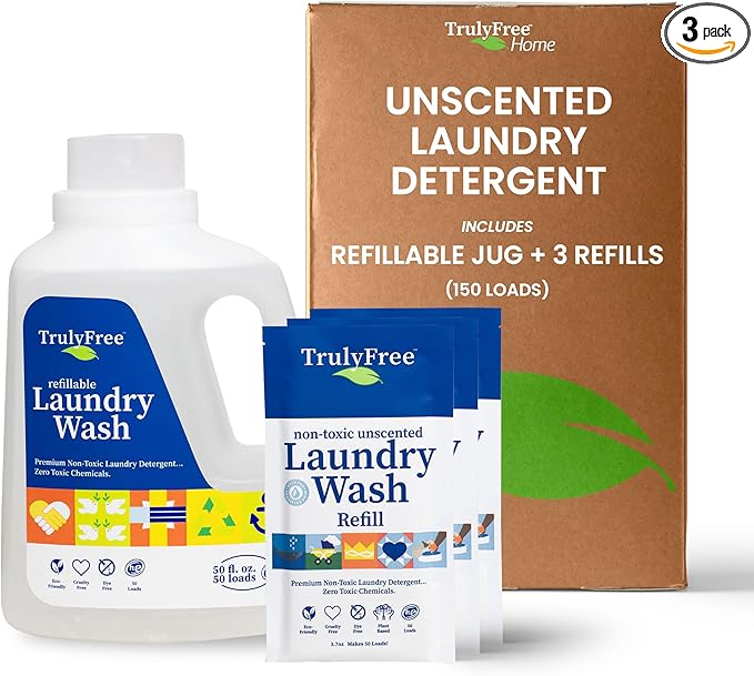 Laundry Wash Detergent for Sensitive Skin, Gentle & Safe for Baby Clothes | Plant-Based, Natural Ingredients | Unscented | Include 1 Refillable Bottle (150 Loads)