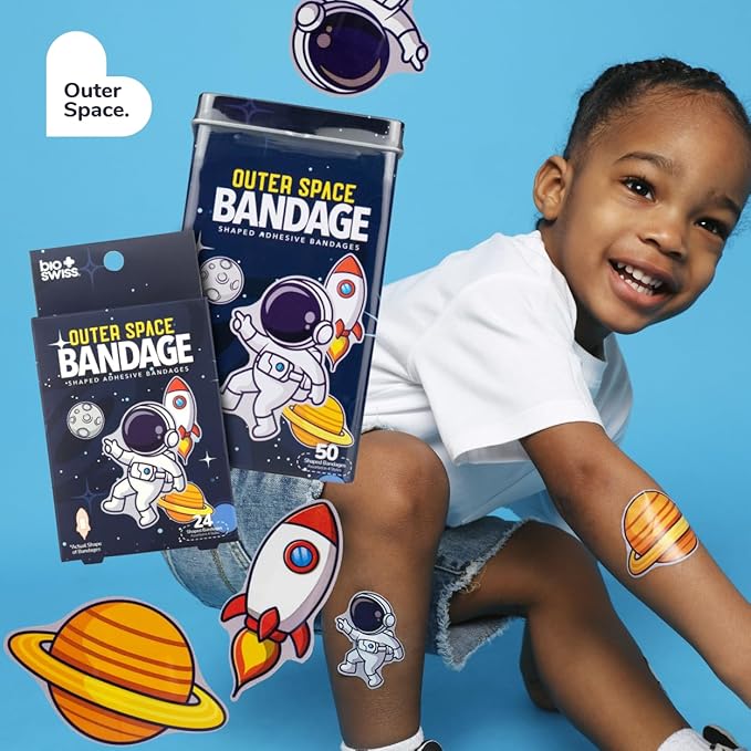 BioSwiss Bandages, Outer Space Shaped Self Adhesive Bandage, Latex Free Sterile Wound Care, Fun First Aid Kit Supplies for Kids and Adults, 24 Count