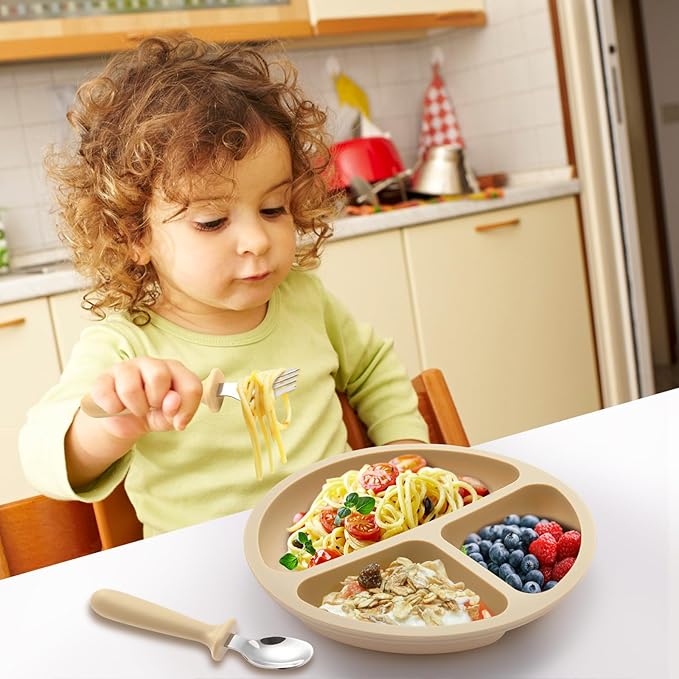 Silicone Baby Feeding Set, 2 Pack Divided Suction Plates for Baby, 2 Pack Spoons and Forks Set Baby Eating Essentials, Feeding Supplies for Toddler Utensils, BPA Free