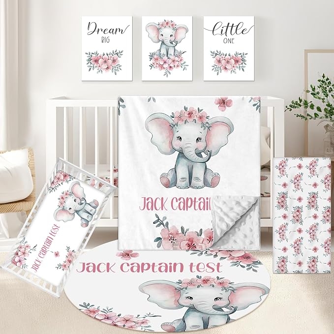 Personalized Nursery Bedding Set, 5 Pcs Custom Crib Sets, Soft Baby Girl Set with Name, Double Layer Elephant Infant Bedding Set Customized Gifts for Toddlers