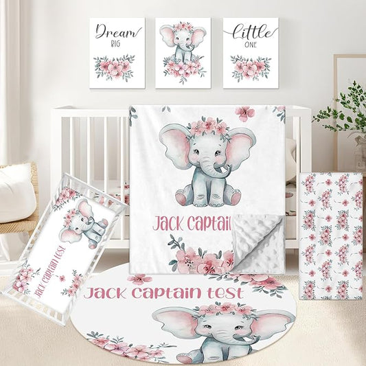 Personalized Nursery Bedding Set, 5 Pcs Custom Crib Sets, Soft Baby Girl Set with Name, Double Layer Elephant Infant Bedding Set Customized Gifts for Toddlers