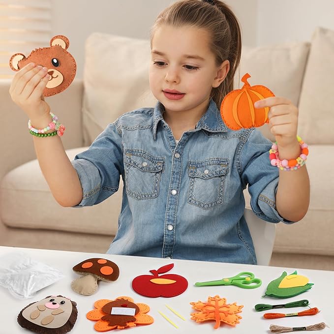 ZOIIWA 16 Sets Fall Sewing Kit Autumn DIY Stuffed Craft Kit Fall Pumpkin DIY Sewing Set for Kids Thanksgiving Felt Ornaments Decorations for Beginners Educational Craft Toys Gifts for Boys Girls