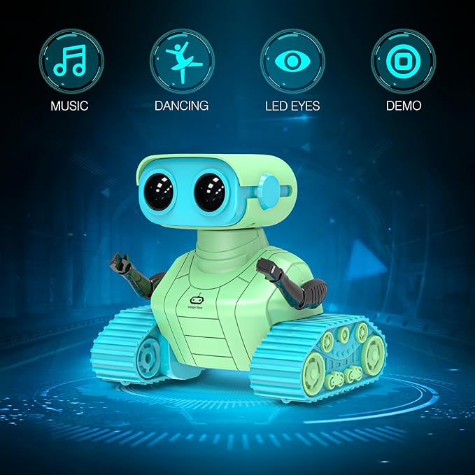 ALLCELE Robot Toys, Rechargeable RC Robots for Kids Boys, Remote Control Toy with Music and LED Eyes, Ideal Gift for Children-Green Blue