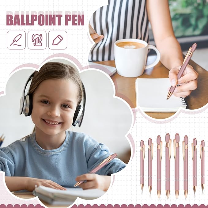 8 Pieces Ballpoint Pen with Stylus Tip Black Ink 2 in 1 Stylus Metal 1.0 mm Medium Point Smooth Pen Rainbow Colorful Rubberized Ballpoint for Touch Screen Tablet(Rose Gold)