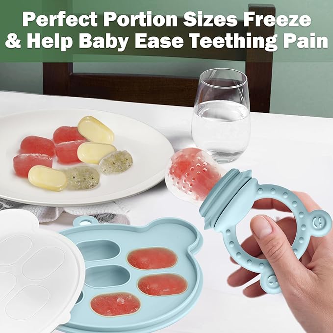 JEXFUN Silicone Baby Fruit Food Feeder Pacifier & Breastmilk Popsicle Freezer Molds for Cooling Relief, BPA Free Silicone Feeder to Safely Introduce New Foods, Double as Teething Toys, 4 Month+