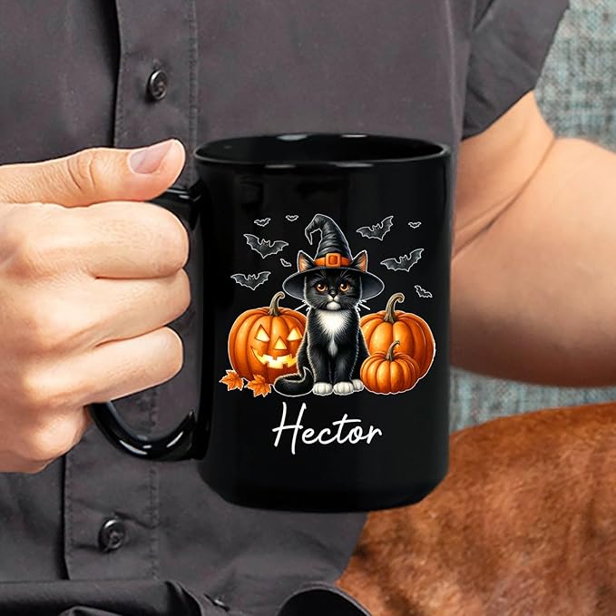 Custom Tuxedo Halloween Coffee Mugs with Name, Personalized Tuxedo with Pumpkins Ceramic Cups, Cat Wearing Witch Hat Black Mug, Cat Halloween Cup 11oz 15oz, Gift for Men Women Pet Lover