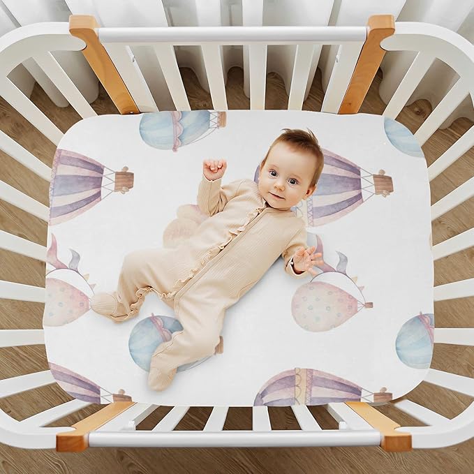 Watercolor Hot Air Balloon Crib Sheets for Boys and Girls, Fitted Baby Crib Sheets Soft and Breathable Mini Crib Sheets 39 X 27 X 5 Inches