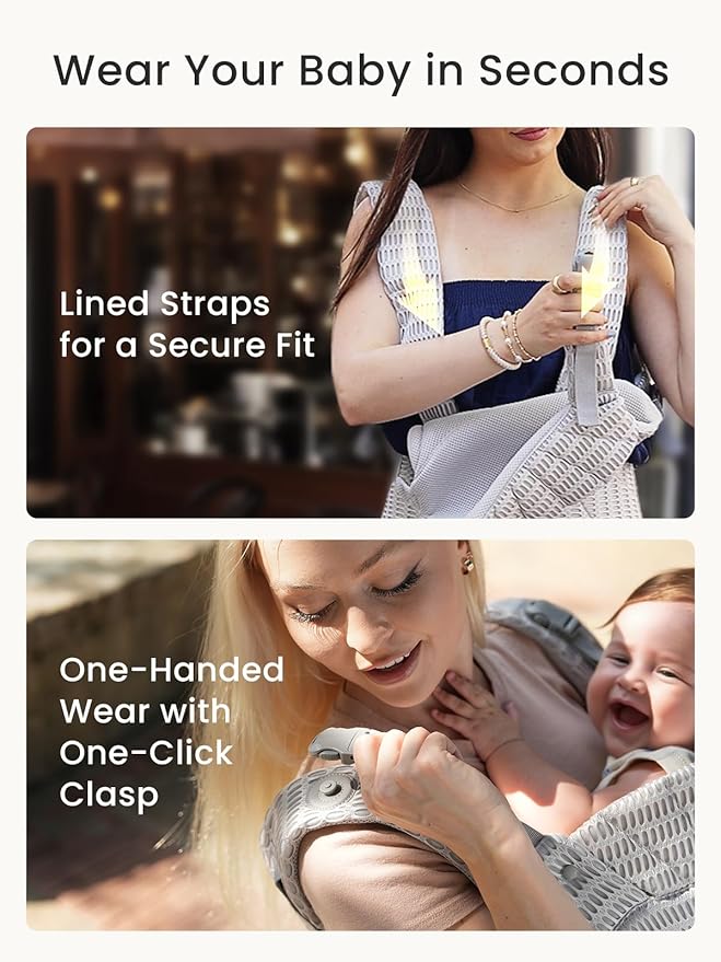 GROWNSY Baby Carrier Newborn to Toddler, Breathable Mesh Carrier(7-44lbs) with One-Click Sliding Clasp, Head Support, Ergonomic Design and Hands-Free Comfort, Silver Gray