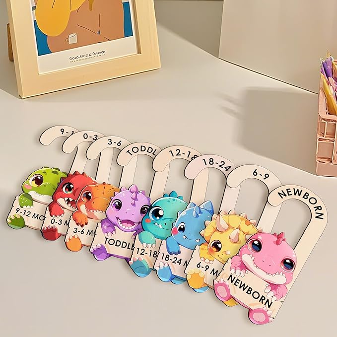 Baby Clothes Dividers for Closet - Wooden Baby Size Closet Dividers Newborn to 24 Months, Unique Dinosaur Design Babies Clothes Organizer for Nursery Decor Gender-Neutral Newborn Hangers (Set of 8)