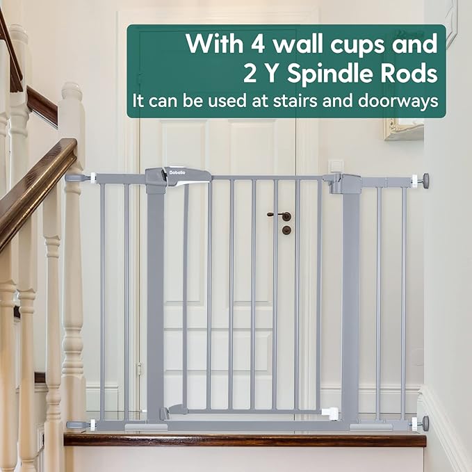 Babelio Metal Baby/Pet Gate, 29-48'' Auto Close Easy Install, Extra Wide Walk Thru for Child Safety, Pressure Mounted Dog Door for Doorways & Stairs, with Y Spindle Rods, Grey