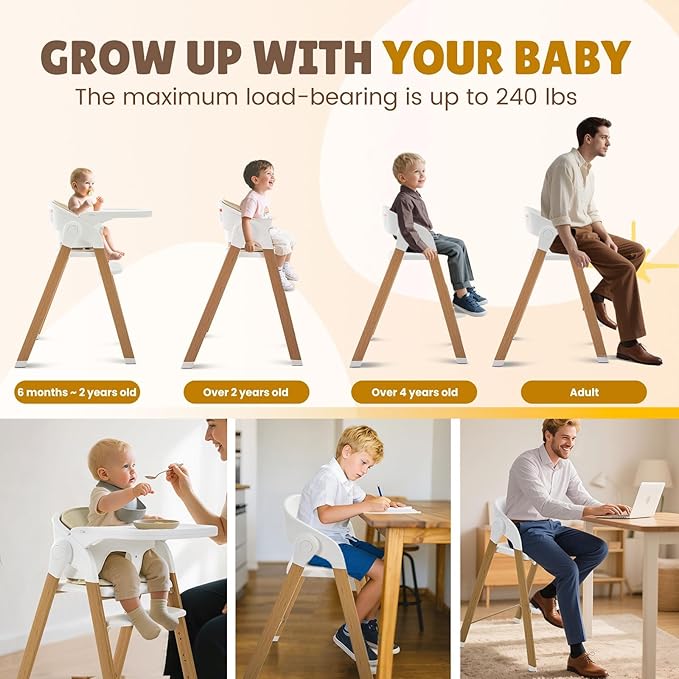 Convertible High Chairs for Babies & Toddlers. 5-in-1 Adjustable High Chair with Removable Tray, Easy to Clean, Portable (White Khaki)