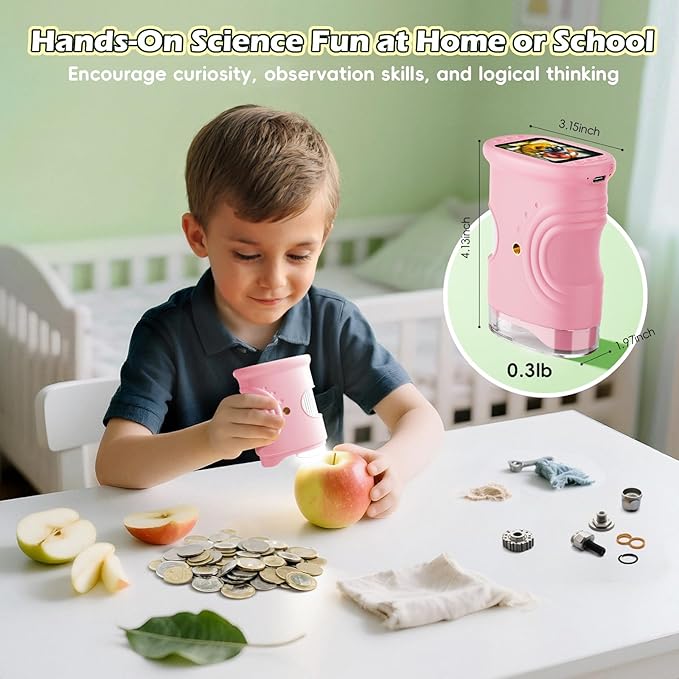 Kids Microscope Digital 1000X Zoom, Mini Pocket Handheld Microscope Portable Travel Toys, HD Photo & Video with 8GB SD Card, Christmas Birthday Gifts for Girls, STEM Toys for Toddlers Age 3-8