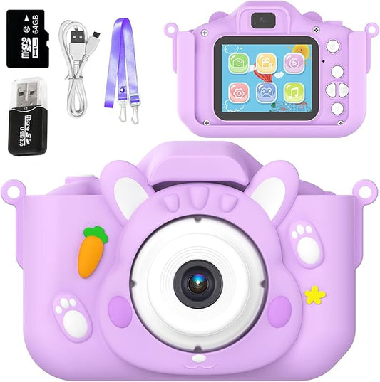 Kids Camera Toys,48MP Dual Lens with 64G SD Card and Cartoon Soft Cover for 3-8 Year Old Girls Boys (PurpleR)