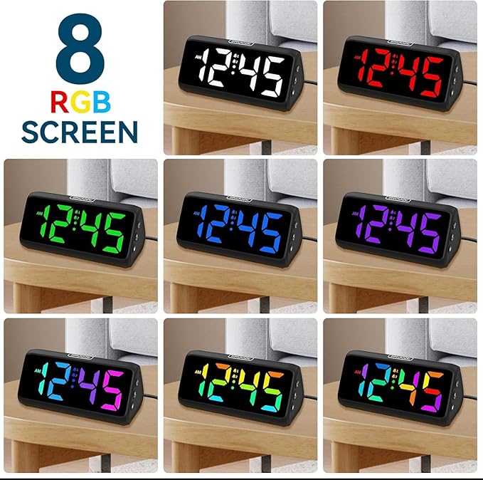 Netzu Loud Alarm Clock for Heavy Sleepers, RGB Alarm Clocks for Bedrooms Seniors Kids, Plug in Digital Clock with 5 Dimmers, 2 Alarms, 4 Volumes and Snooze