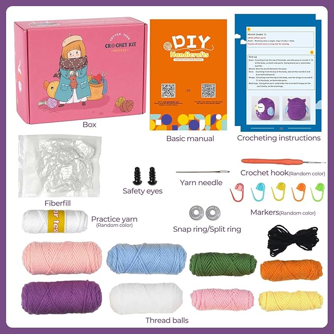 yhwsymgmho Crochet Kit for Beginners:2pcs Animals Crochet Starter Kits with Step-by-Step Video Tutorials,Easy Knitting Set for Adults Kids,DIY Crocheting Doll Gift(Bunny and owl)