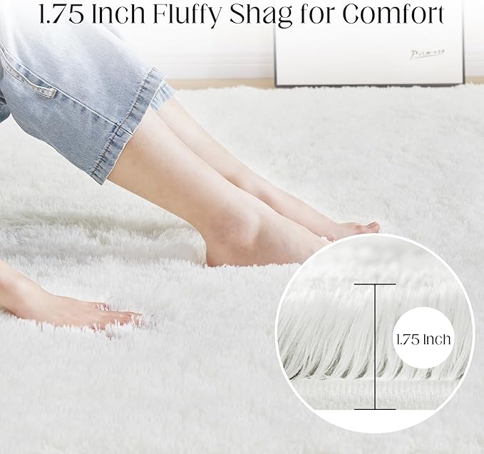 Fluffy Shag Area Rug, 4x6 White Rugs for Bedroom, Soft Plush Area Rugs for Living Room, Non-Slip Indoor Carpet for Nursery, Study Room, Dressing Room, Home Decor