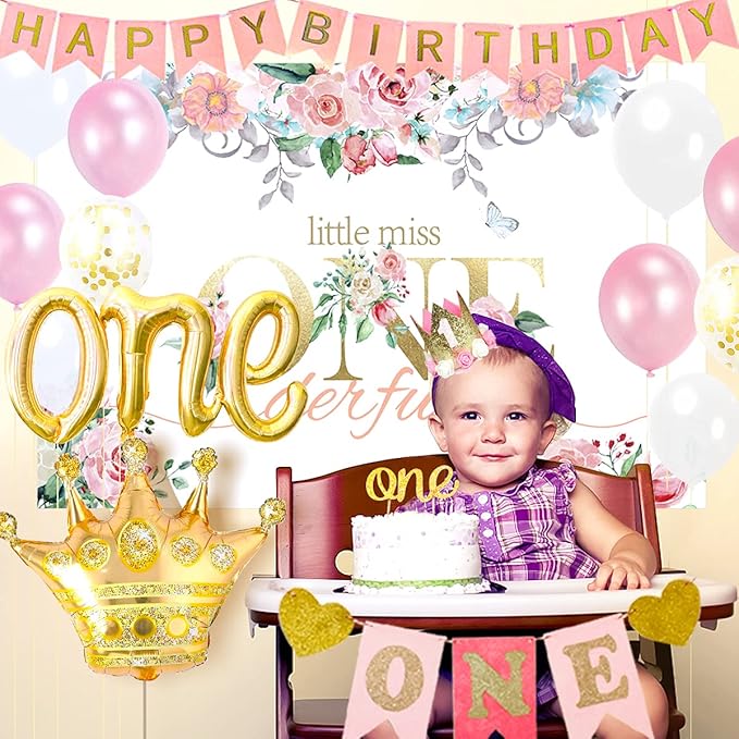 First Birthday Decorations Girl - 1st Birthday Baby Girl Decorations Include Balloons Box, Backdrop, Crown, Banner, High Chair Banner, Topper, Baby First One Year Old Girl Party Supplies