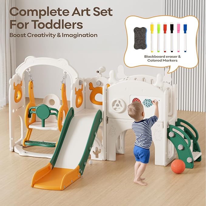 Mloong 12 in 1 Toddler Slide and Swing Set, Kids Slide for Toddlers 1-3 Years Old, Baby Playset Indoor Outdoor with Basketball Hoop Drawing Golf(Yellow & Green)(82×67×41in)