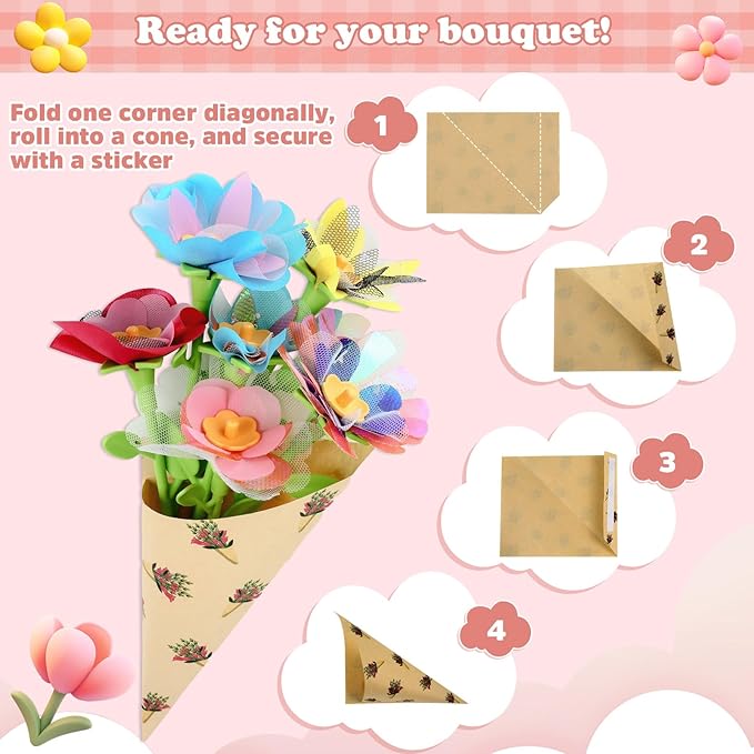 VoyCliza Flower Craft Kit for Girls Ages 4-8 – DIY Bouquet Maker Toy with Wrapping Paper, Creative Art Birthday Gift for Kids, Educational Craft Toys for Girls Age 5 6 7