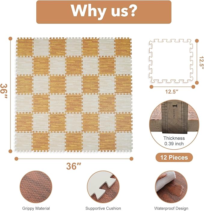 Skyweaver 36 Tiles Soft Non-Toxic Baby Play Mat for Floor EVA Foam Jigsaw Puzzle Play Mat, Interlocking Squares with 0.6inch for Babies, Toddlers & Kids Gym, Nursery, Playroom, Light Brown